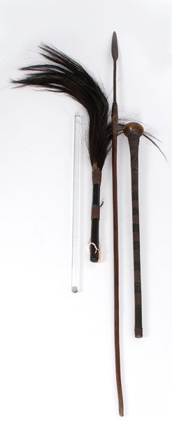 Spear, Horse-Tail Broom, Club and Baton, PLUS : Spear, Horse-Tail Broom, Club and Baton, PLUS An assembled lot including an iron spear with a wooden handle, a horse-tail broom, a glass baton, a club with a horn handle; spear lg. 50 in., PLUS a sk