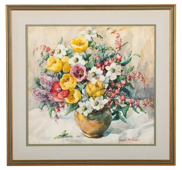 Floral Still Life by Edgar Forkner : Floral Still Life by Edgar Forkner Edgar Forkner (American, 1867-1945). Watercolor on paper, housed in a gilt frame. A still life with white, yellow, pink, and red flowers in a vase. Signed l.r.; 20