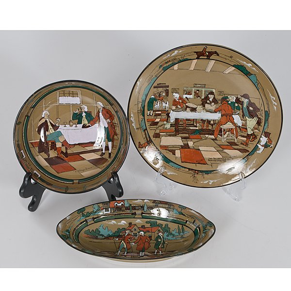 Buffalo Pottery Deldare Ware Wall Plaque, Dish and: Buffalo Pottery Deldare Ware Wall Plaque, Dish and Bowl American, dated 1908. An assembled group of three pieces of Buffalo Pottery Deldare Ware, including a wall plaque inscribed The Fallowfield Hu