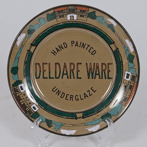 Rare Buffalo Pottery Deldare Ware Advertising Plate : Rare Buffalo Pottery Deldare Ware Advertising Plate American, dated 1908. A rare Buffalo Pottery Deldare Ware advertising plate, having hand-painted illustrations of houses in the border and inscrib