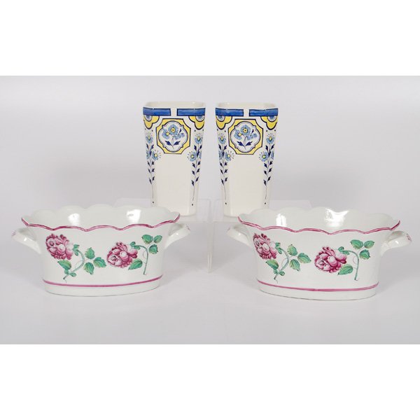 Tiffany & Co. Ceramic Planters and Vases : Tiffany & Co. Ceramic Planters and Vases Continental, 20th century. A pair of two-handled ceramic planters having scalloped rims with rose motifs, marked Strasbourgh Flowers / for / Tiffany & Co. /