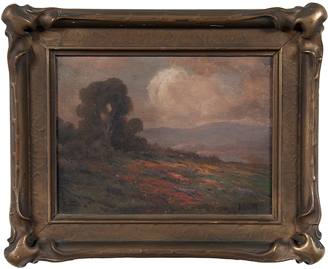 Country Hillside Landscape by John Calvin Perry : Country Hillside Landscape by John Calvin Perry John Calvin Perry (American, 1848-1936). Oil on canvas, housed in a gilt frame. A landscape of a poppy-covered hillside with trees in middle ground 