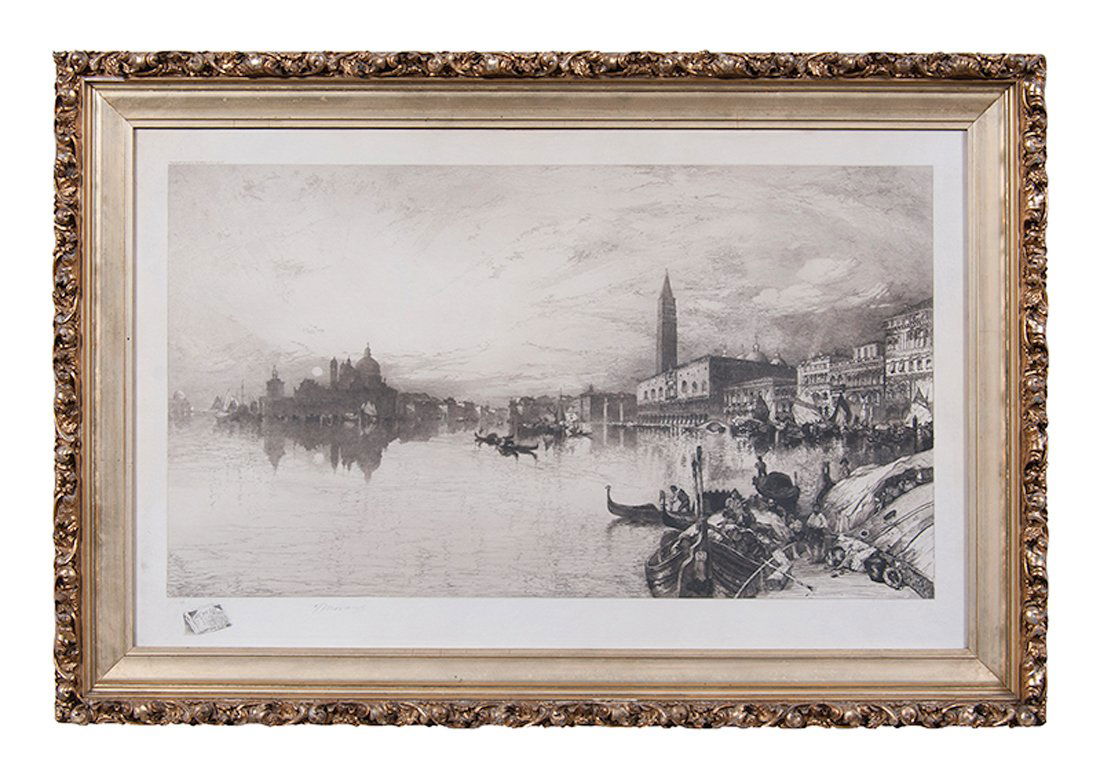 The Gates of Venice by Thomas Moran : The Gates of Venice by Thomas Moran Thomas Moran (American, 1837-1926). Etching housed in carved gilt frame. Twilight scene of boats on Venetian canal with the Basilica de San Marco in background.