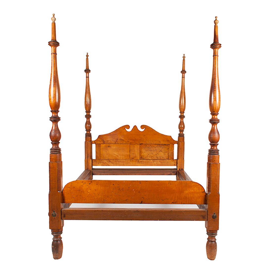 Tiger Maple Four-Poster Bed with Scrolled Headboard : Tiger Maple Four-Poster Bed with Scrolled Headboard American, 19th century. Tiger maple four-poster bed with scroll-shaped headboard; ht. 83.5, wd. 60, lg. (rails) 72.5 in.