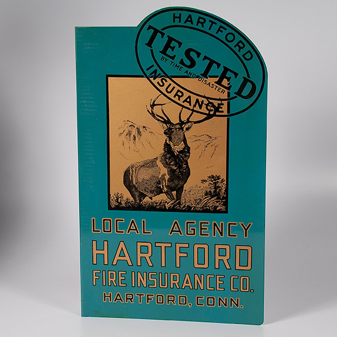 Hartford Insurance Double-Sided Sign : Hartford Insurance Double-Sided Sign American, mid-20th century. Hartford Insurance double-sided metal sign with a large buck ("The Hartford") picture, bracket and original screws; 16 x 27 in.