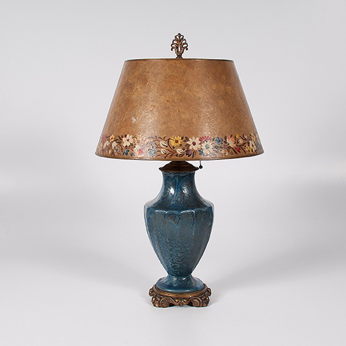 Fulper-Style Crystalline Lamp : Fulper-Style Crystalline Lamp American, 20th century. A Fulper-style table lamp with blue crystallized glaze, mica shade with painted flowers, unmarked; ht. 25.75, shade dia. 16.5 in.