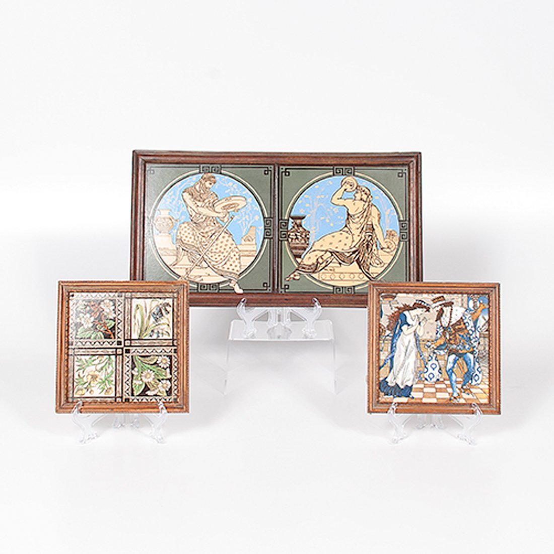 Group of Art Nouveau Decorative Tiles : Group of Art Nouveau Decorative Tiles American, 20th century. A group of four framed decorative tiles including one medieval scene of King Arthur by the American Encaustic Tile Co. marked on reverse