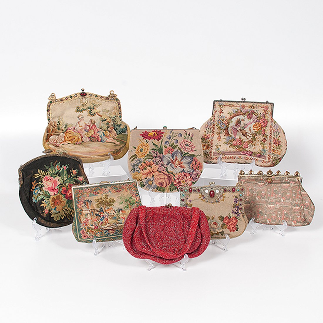 Tapestry, Needlepoint, and Beaded Purses : Tapestry, Needlepoint, and Beaded Purses American, 20th century. An assembled group of eight purses including six needlepoint purses, one tapestry bag, and one red beaded bag with beaded strap w