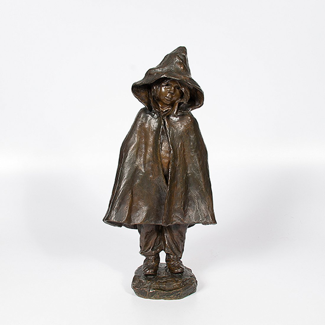 Bronze Statue of a Child by Elisa Beetz-Charpentier : Bronze Statue of a Child by Elisa Beetz-Charpentier Elisa Beetz-Charpentier (French, 1875-1949). Patinated bronze on bronze cast base of a young child in a hooded cloak. Signed on back of base, ma