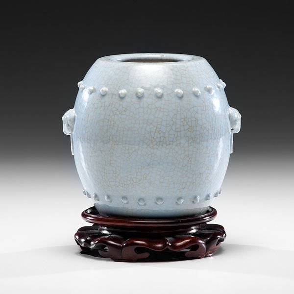 Qianlong Period Powder Blue Crackleware Jar : Qianlong Period Powder Blue Crackleware Jar Chinese, Qing dynasty, Qianlong period. A powder blue crackleware jar decorated with two rows of relief dots, one towards the top, the other towards the b