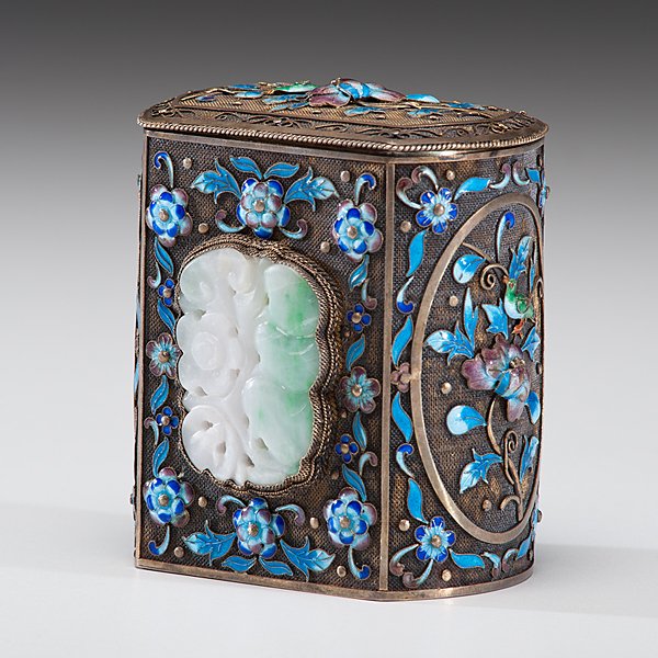 Jadeite Silver and Enamel Cigarette Box : Jadeite Silver and Enamel Cigarette Box Chinese. A silver-based cigarette box with inlaid enamel floral and bird decorations, as well as two green and white jadeite carvings to front and reverse. Ht