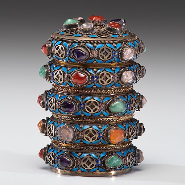Silver, Gemstone, and Enamel Cigarette Box : Silver, Gemstone, and Enamel Cigarette Box Chinese. A cylindrical silver cigarette box adorned with polychrome gemstones blue enamel floral motifs. Ht. 4.75 in.