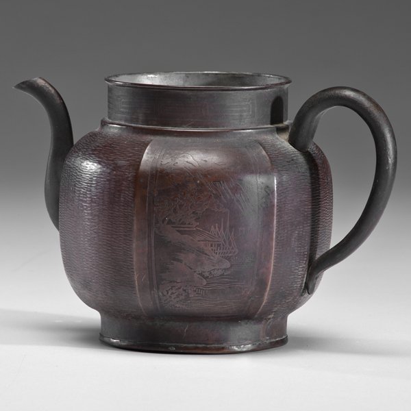Chinese Bronze Teapot : Chinese Bronze Teapot Chinese, 20th century. A bronze teapot, uncovered, decorated with panels containing landscapes. Ht. 5.5 in.