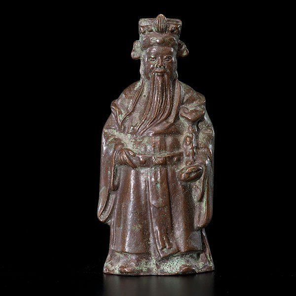 Chinese Bronze Scholar Figure : Chinese Bronze Scholar Figure Chinese, 19th century. A finely cast, hollow bronze of scholar holding a scepter, oxidized patina. Ht. 6.25 in.