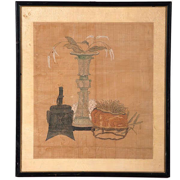 Chinese Watercolor, 19th Century : Chinese Watercolor, 19th Century 19th century. An interesting study, watercolor on paper and with Gu form vase typical of Shang Dynasty, also an archaic bell, as well as planter on stand; 19.5 x 1
