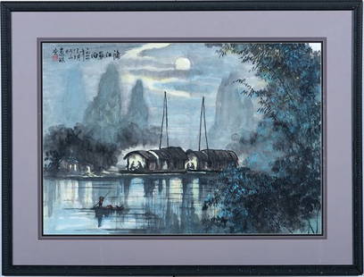 Nocturnal River Scene by Chen Hui Qi : Nocturnal River Scene by Chen Hui Qi Chen Hui Qi (Chinese, b. 1934). Watercolor on paper, housed in a black frame. A nocturnal river scene with mountains in the background. Artist seal and inscripti