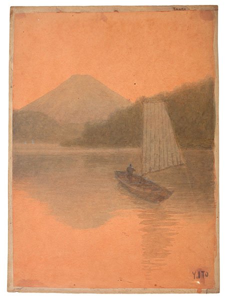 River Scene by Yasuhiko Ito : River Scene by Yasuhiko Ito Yasuhiko Ito (Japanese, 1867-1942). Watercolor on paper. A river scene with barge at sunset. Signed l.r.; 13.5 x 10 in. (plate size).