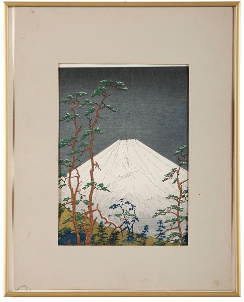 Japanese Woodblock by Toshi Yoshida : Japanese Woodblock by Toshi Yoshida Toshi Yoshida (Japan, 1911-1995). Landscape depicting a mountain (Mount Fuji?) with trees in the foreground. Jizuri seal in the left margin; 13 x 9.25 in. (sig