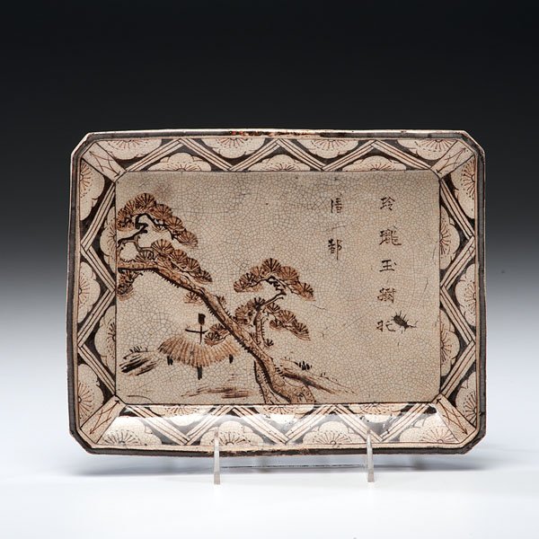 Rare Edo Period Ceramic Plate : Rare Edo Period Ceramic Plate Japanese, mid-Edo period. A rare rectangular dish with canted edges and three petal-shaped feet, covered in a crackle glaze, and decorated in the manner of master Ogata