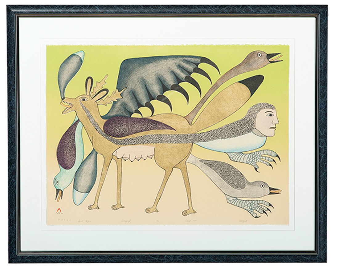 Kenojuak Ashevak (Inuit, 1927-1913) Lithograph : Kenojuak Ashevak (Inuit, 1927-1913) Lithograph Spirit Helpers titled lower left, dated and numbered 1/50 lower center, signed lower right (full plate size) 22 x 29.75 in. 1989