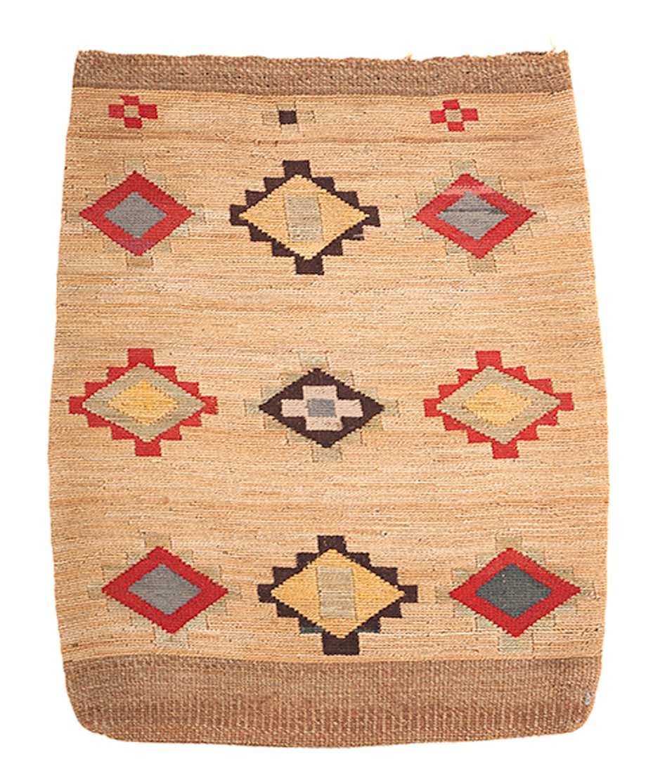 Nez Perce Corn Husk Bag : Nez Perce Corn Husk Bag large bag decorated on both sides using yellow and green dyed corn husk, and black, blue, and red yarn, length 22.5 in. x width 18.5 in. late 19th century
