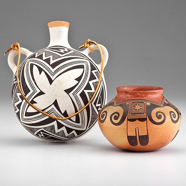 Fannie Polacca Nampeyo (Hopi, 1904-1987) Jar and Lucy: Fannie Polacca Nampeyo (Hopi, 1904-1987) Jar and Lucy Lewis (Acoma, 1898-1992) Canteen lot of 2, includes a Fannie Nampeyo jar decorated with her four-direction eagle tail; signed on base, height 4 