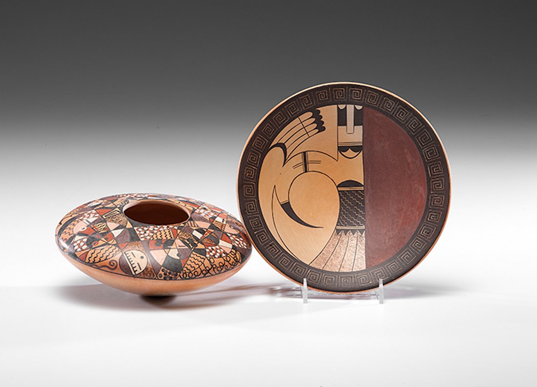 Jacob Koopee (Hopi, 1970-2011) Bowl and Plate : Jacob Koopee (Hopi, 1970-2011) Bowl and Plate lot of 2, including a bowl depicting the "Coming of the Kachinas" -- a similarly painted bowl won the 2005 Best of Show at Indian Market; signed on bas