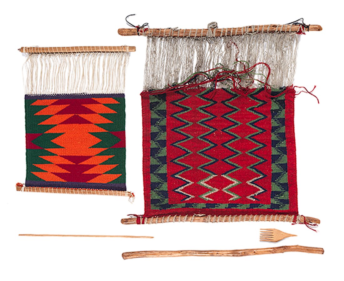 Navajo Germantown Samplers on Loom Deaccessioned from a: Navajo Germantown Samplers on Loom Deaccessioned from a Midwestern Museum lot of 2, includes a larger weaving executed in red, green, and blue; hand-spun warps connect the wooden loom bars; included