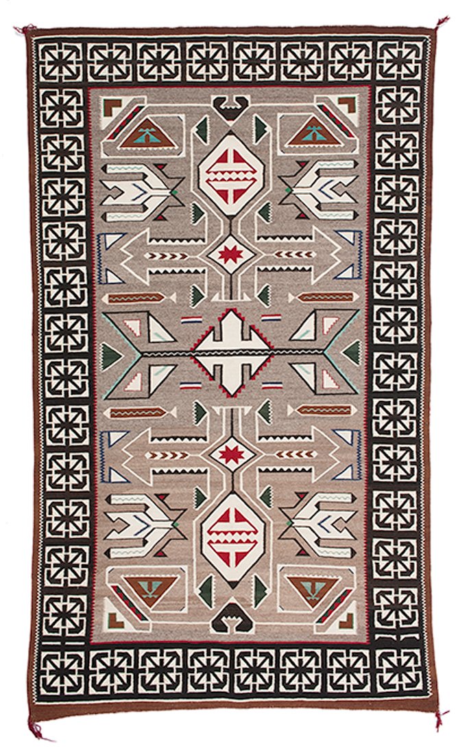 Navajo Teec Nos Pos Weaving / Rug : Navajo Teec Nos Pos Weaving / Rug finely woven using colors of gray, red, green, turquoise, brown and blue; wide border of intricate squares, 84 x 48 in. (7 ft. x 4 ft). second quarter 20th century�