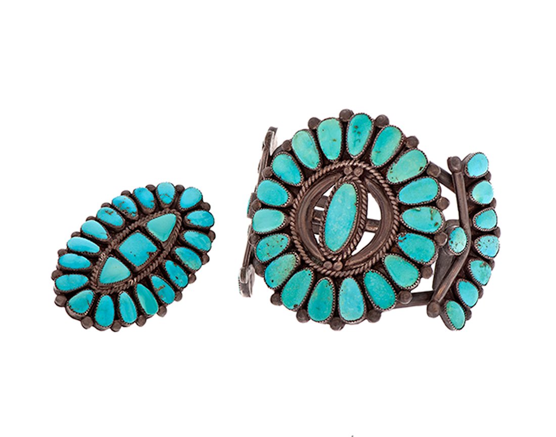 Doris (1902-2000) and Warren (1895-1972) Ondelacy Zuni: Doris (1902-2000) and Warren (1895-1972) Ondelacy Zuni Turquoise Cuff and Ring lot of 2, includes a Lone Mountain turquoise cluster cuff with 35 tear-drop shaped cabochons set in serrated bezels; cu