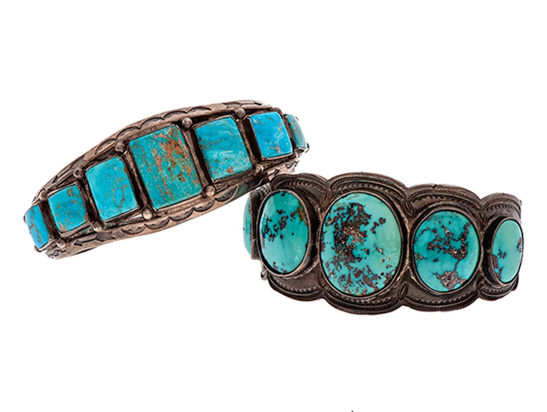 Navajo Silver and Turquoise Row Bracelets : Navajo Silver and Turquoise Row Bracelets lot of 2. Includes an ingot bracelet with five fat oval stones surrounded by traditional stamping, inside length 6 in. x width 1.4 in. x opening 1 in.; AND 
