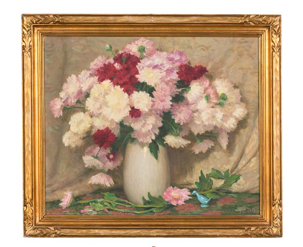 Joseph Henry Sharp (American, 1859-1953) Oil on Canvas : Joseph Henry Sharp (American, 1859-1953) Oil on Canvas California Chrysanthemums signed lower right, titled in pencil on verso (sight, original gilt and gesso Southwestern frame) 19.5 x 23.5 in. Wh