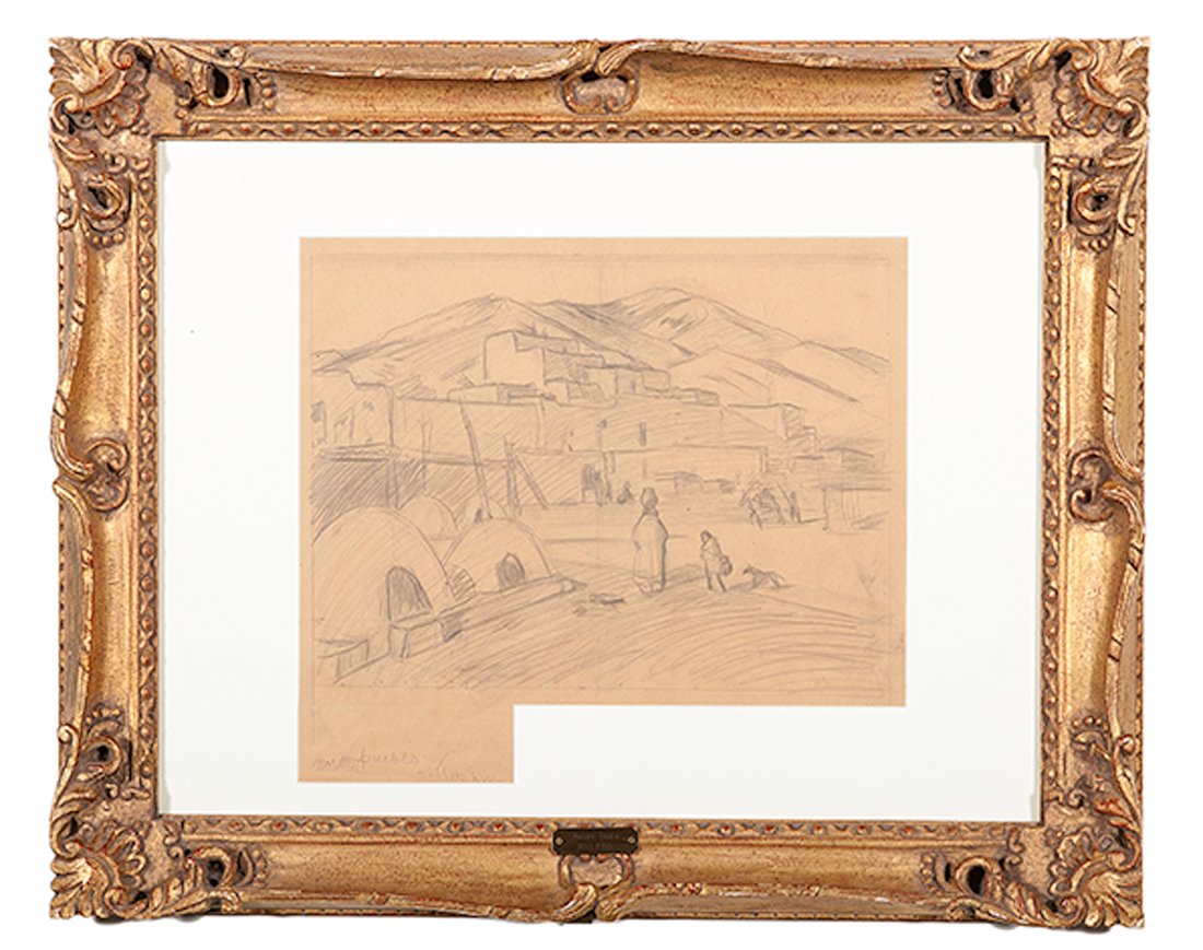 Joseph Adam Imhof (American, 1871-1955) Graphite on: Joseph Adam Imhof (American, 1871-1955) Graphite on Paper North Pueblo of Taos unsigned, titled lower left, plaque with artist's name to frame (sight) 15.75 x 17.5 in.