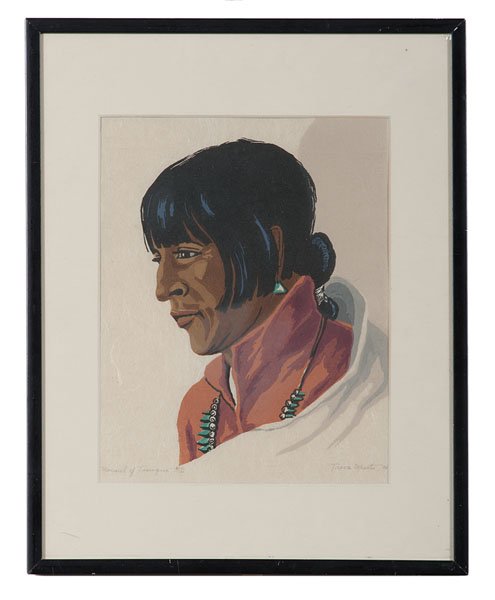 Treva Wheete (American, 1890-1963) Color Woodcut on: Treva Wheete (American, 1890-1963) Color Woodcut on Paper Manuel of Tesuque signed and dated lower right, titled lower left, numbered 106/200 (sight) 9.5 x 7.5 in. 1935