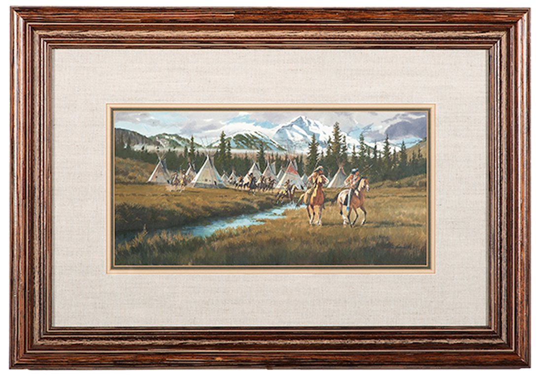 Paul Abrams (America, 20th century), Tempera on Board : Paul Abrams (America, 20th century), Tempera on Board Crow Warriors signed lower right (sight) 8 x 16 in. Provenance:Ex Quail Hollow Galleries, Oklahoma City, Oklahoma
