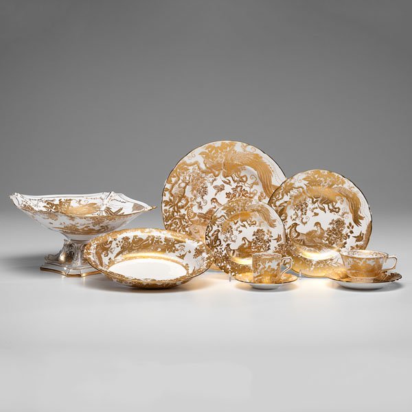 Royal Crown Derby Gold Aves Partial Dinner Service : Royal Crown Derby Gold Aves Partial Dinner Service English, ca 1970. An 84-piece partial dinner service for twelve by Royal Crown Derby in the Gold Aves pattern including: twelve dinner plates, ten