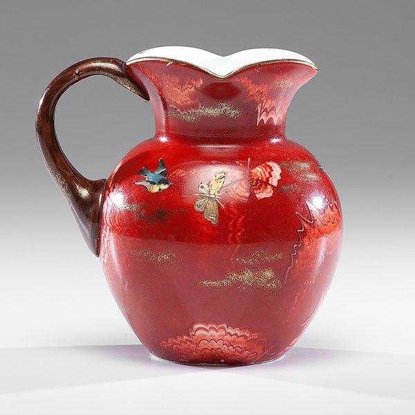 English Art Glass Pitcher : English Art Glass Pitcher English, late 19th century. A polychrome decorated glass pitcher, possibly by Thomas Webb & Sons, having painted sparrows and butterflies, and gilt decorations; ht. 8.5 i