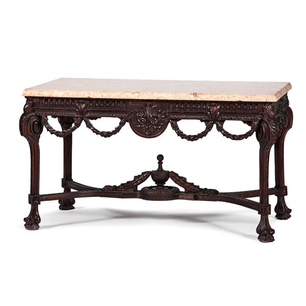 Irish Georgian-Style Marble Top Serving Table : Irish Georgian-Style Marble Top Serving Table Irish, late 19th century. A serving table in mahogany having a pink marble top set on an elaborately carved, pierced frieze with inset lotuses, each s