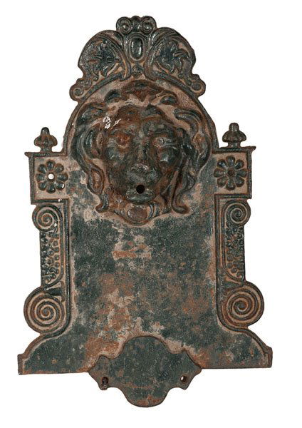 Cast Iron Lion's Mask Fountain : Cast Iron Lion's Mask Fountain English, 19th century. A cast iron enameled plaque water fountain, having a lion's mask fount with over-arching coronet, over an open reserve flanked by florals and s
