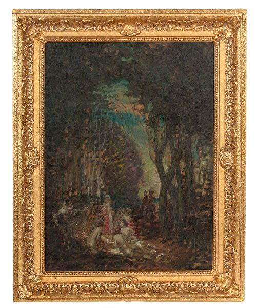 Barbizon School Forest Scene by Andreas Marko : Barbizon School Forest Scene by Andreas Marko Andreas Marko (Austrian, 1824-1895). Oil on canvas, housed in a gilt frame. A forest scene with women, some nude, engaged in discussion while lying on t