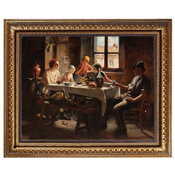Italian Interior Genre Scene by Giuseppe Magni : Italian Interior Genre Scene by Giuseppe Magni Giuseppe Magni (Italian, 1869-1956). Oil on canvas, housed in gilt frame. An interior genre scene showing a family sitting at a table, eating grapes an
