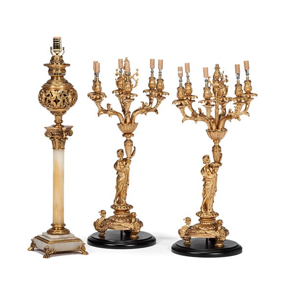 Pair of Large Classical Ormolu Candelabra and Lamp : Pair of Large Classical Ormolu Candelabra and Lamp A group of three, including a pair of gilt ormolu candelabra, each with robed figure at base, electrified. Also a central lamp, ormolu over alaba