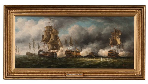 Trafalgar - 1805 by James Hardy III : Trafalgar - 1805 by James Hardy III James Hardy III (British, 20th century). Oil on board, housed in a gilt frame. A naval battle scene depicting the Battle of Trafalgar. Signed l.r.; 15.25 x 35.25
