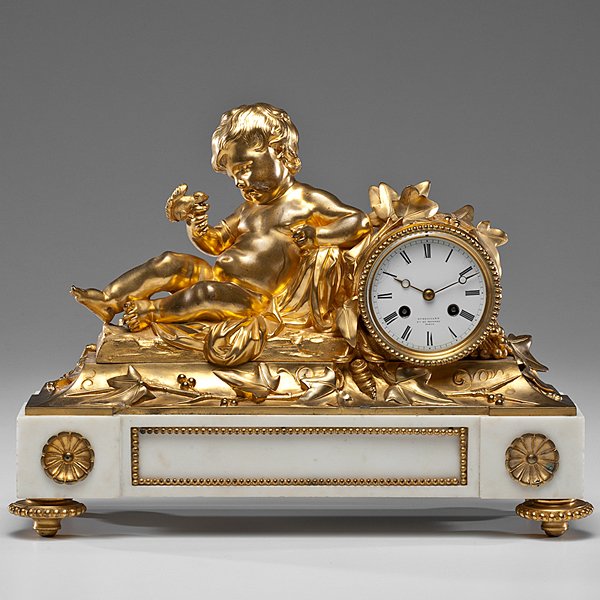 French Gilt Bronze Figural Mantel Clock : French Gilt Bronze Figural Mantel Clock French, mid 1800s. A French Empire gilt bronze and marble mantel clock with reclining nude figure of a child holding a squirrel on a rectangular marble base,