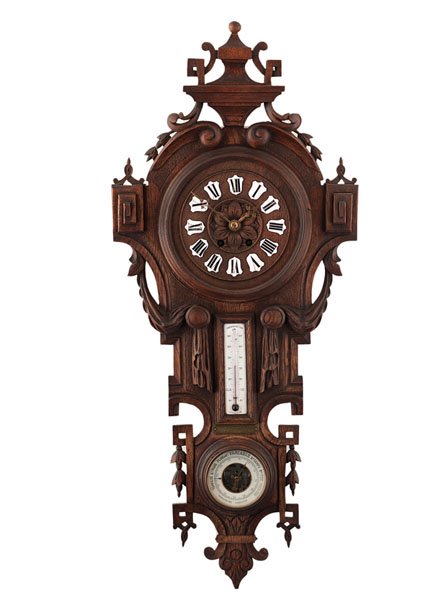French Clock Barometer : French Clock Barometer French, 1920s. A clock barometer, having a carved oak case, enameled numerals, a working thermometer, and aneroid barometer, attached presentation plaque reads The Graduates 