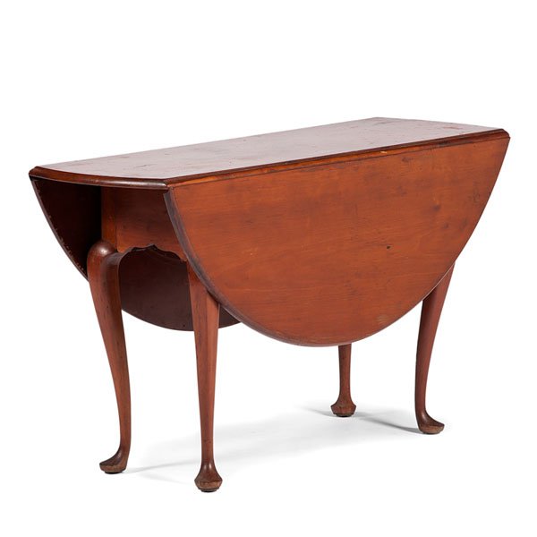 Queen Anne Drop-Leaf Table : Queen Anne Drop-Leaf Table American, 19th century. A Queen Anne-style drop-leaf table in cherry, the top featuring diamond-shaped inlay, rising on cabriole legs terminating in pad feet; ht. 26,25, l