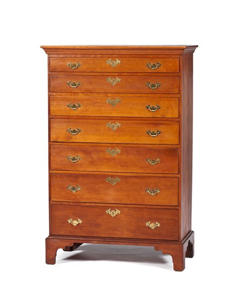 Chippendale Cherry Seven-Drawer Chest : Chippendale Cherry Seven-Drawer Chest American, 18th century. A Chippendale tall chest in cherry, having a moulded cornice above seven thumb-moulded graduated long drawers, all rising on bracket fe