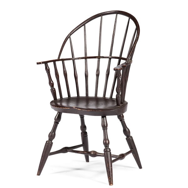 New England Sack Back Windsor Armchair : New England Sack Back Windsor Armchair American (probably Connecticut), ca 1790-1810. A sack back Windsor armchair in old dark brown paint, the back with seven spindles, having a saddle seat, on tur