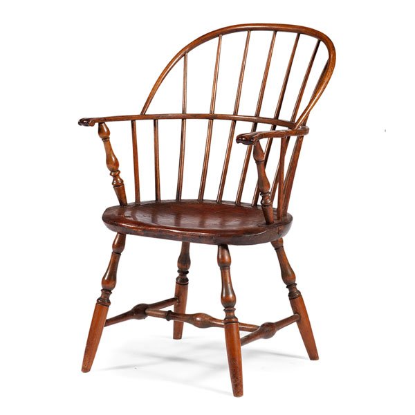 Knuckle Arm Windsor Chair : Knuckle Arm Windsor Chair American, early 19th century. A Windsor armchair in mixed woods having seven spindles, knuckle arms and splayed, turned legs joined by an H-stretcher; oah. 36, wd. 23.5, s
