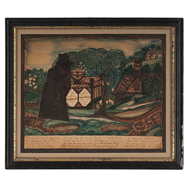 Memorial Watercolor by Mary Ann Putnam : Memorial Watercolor by Mary Ann Putnam American, early 19th century. Ink and watercolor on paper. A mourning picture of a woman standing beside a tomb, surrounded by a folk art landscape highlighted